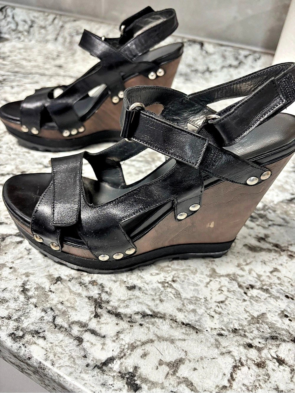 Stuart Weitzman Black Studded Platform Wedge Sandals